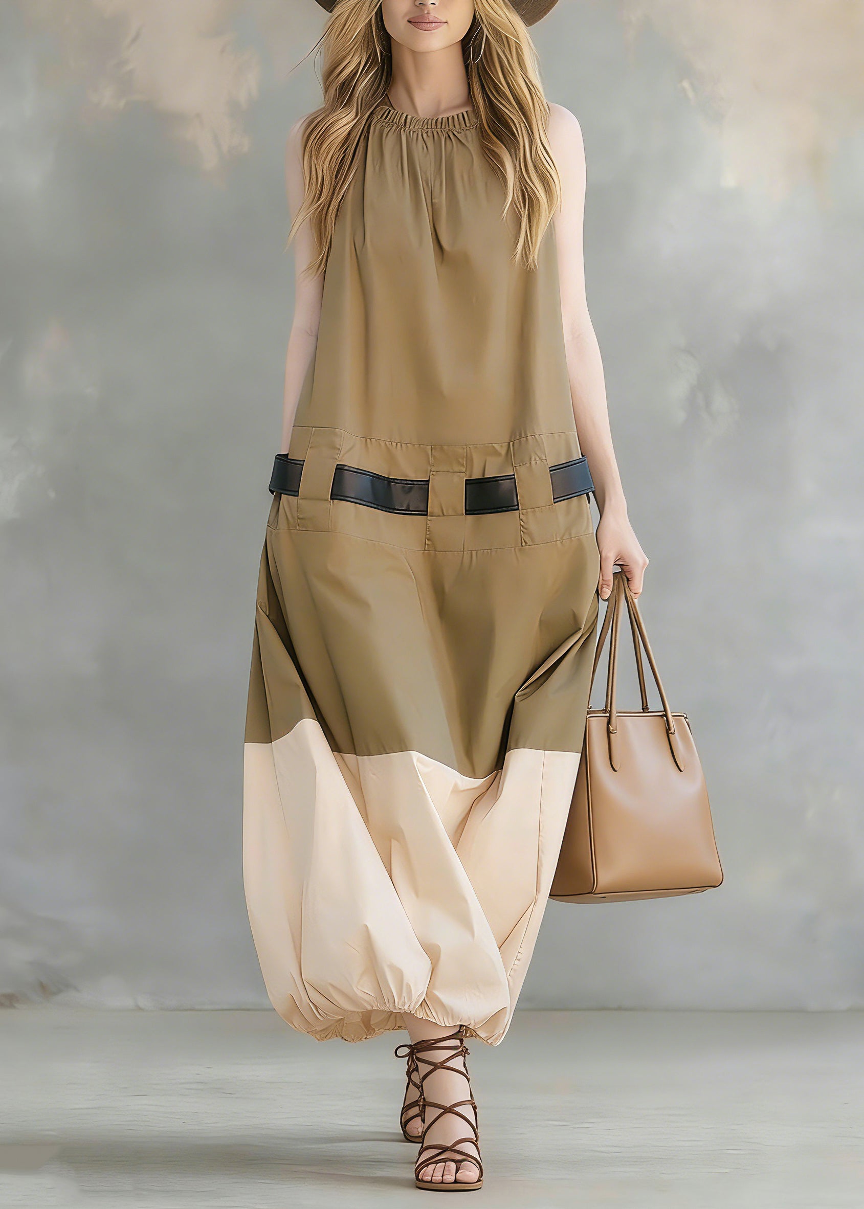 French Khaki Pockets Patchwork Cotton Dress Sleeveless