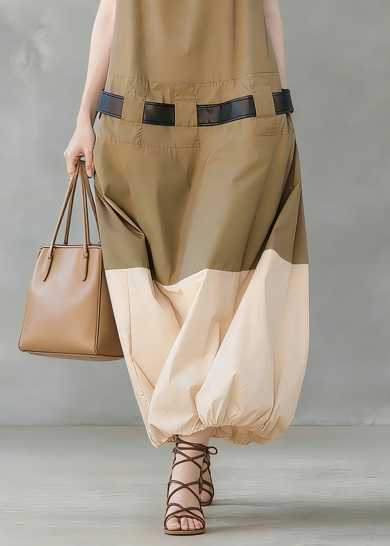 French Khaki Pockets Patchwork Cotton Dress Sleeveless