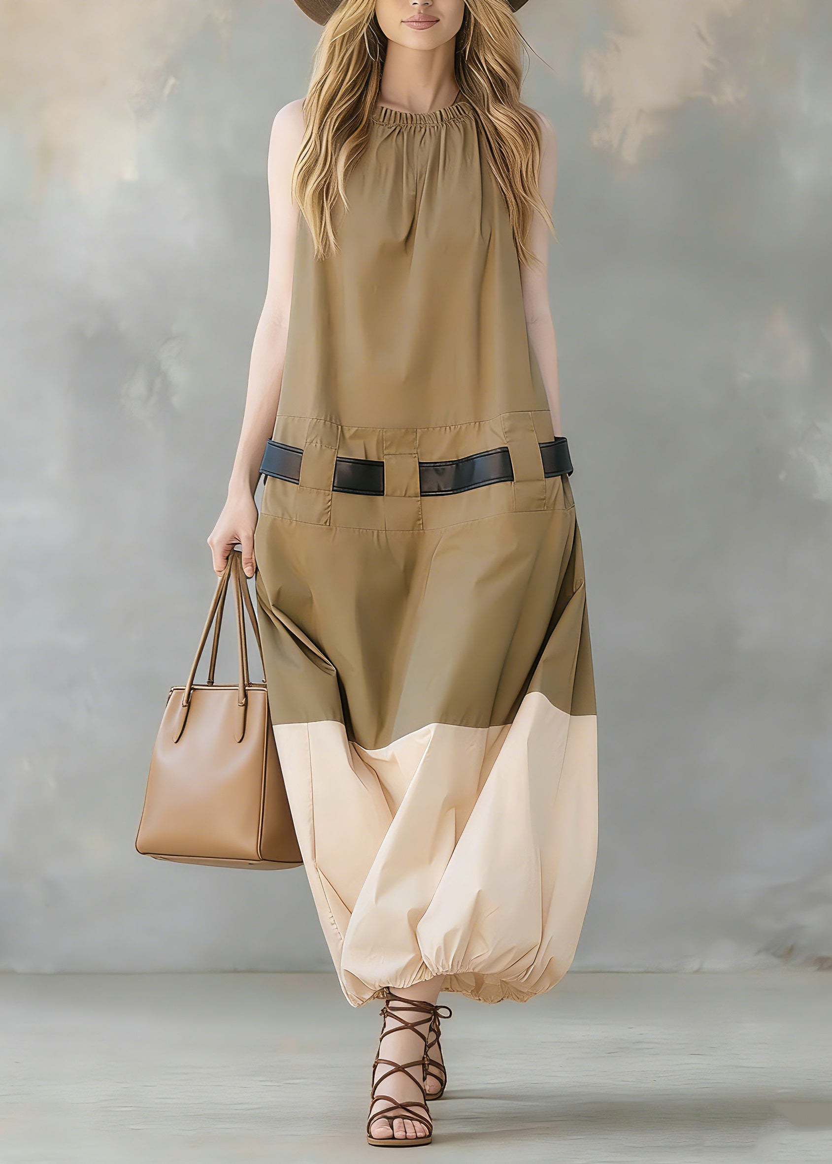 French Khaki Pockets Patchwork Cotton Dress Sleeveless