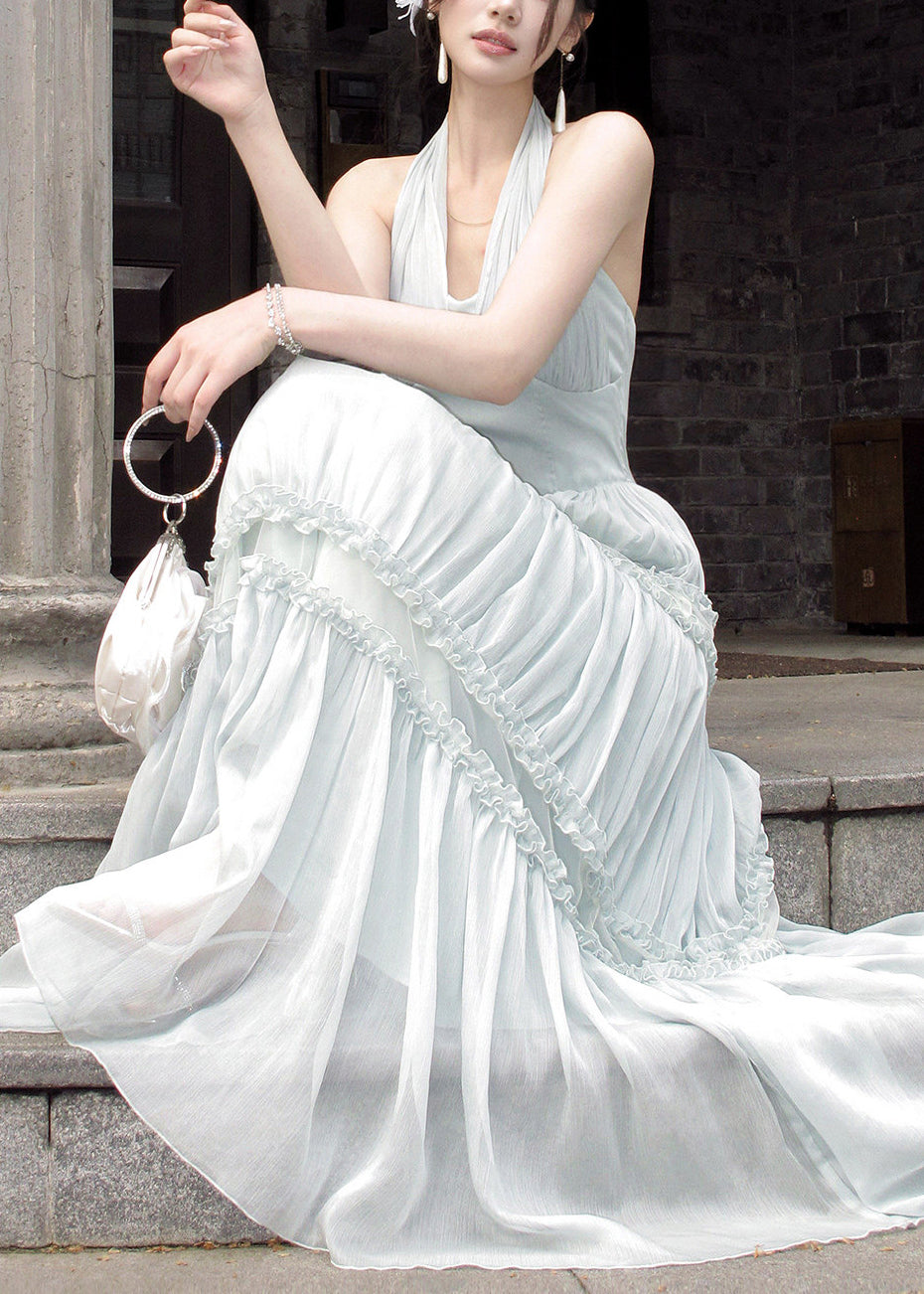French Light Green Halter Ruffled Wrinkled Tulle Long Dresses Sleeveless