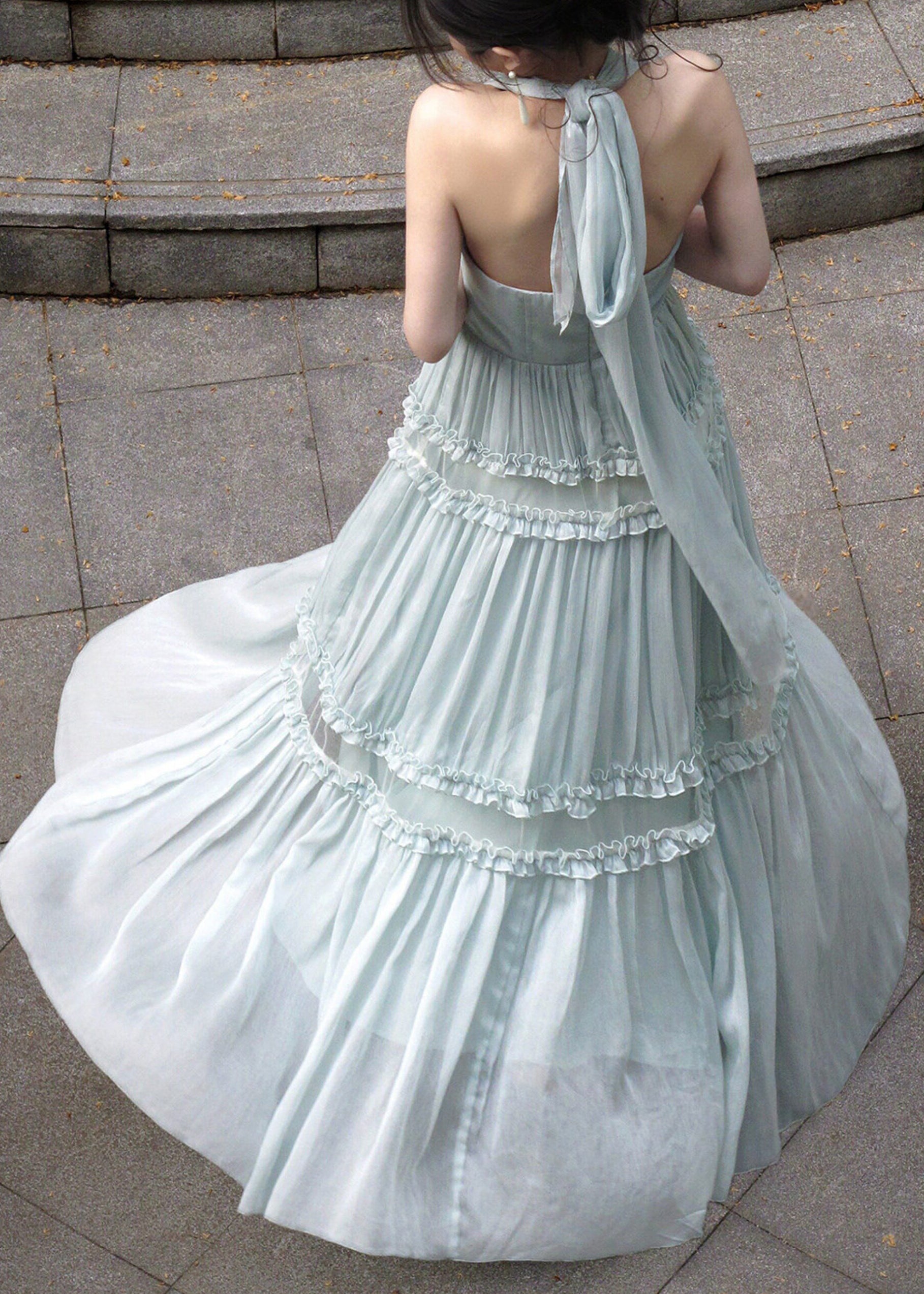 French Light Green Halter Ruffled Wrinkled Tulle Long Dresses Sleeveless