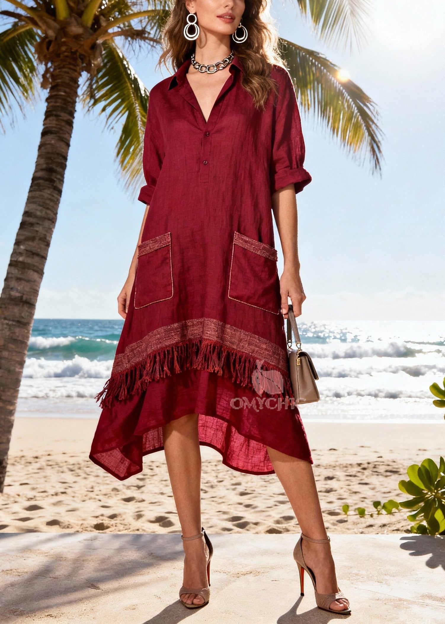 French Mulberry Tasseled Patchwork Cotton Vacation Dress Summer
