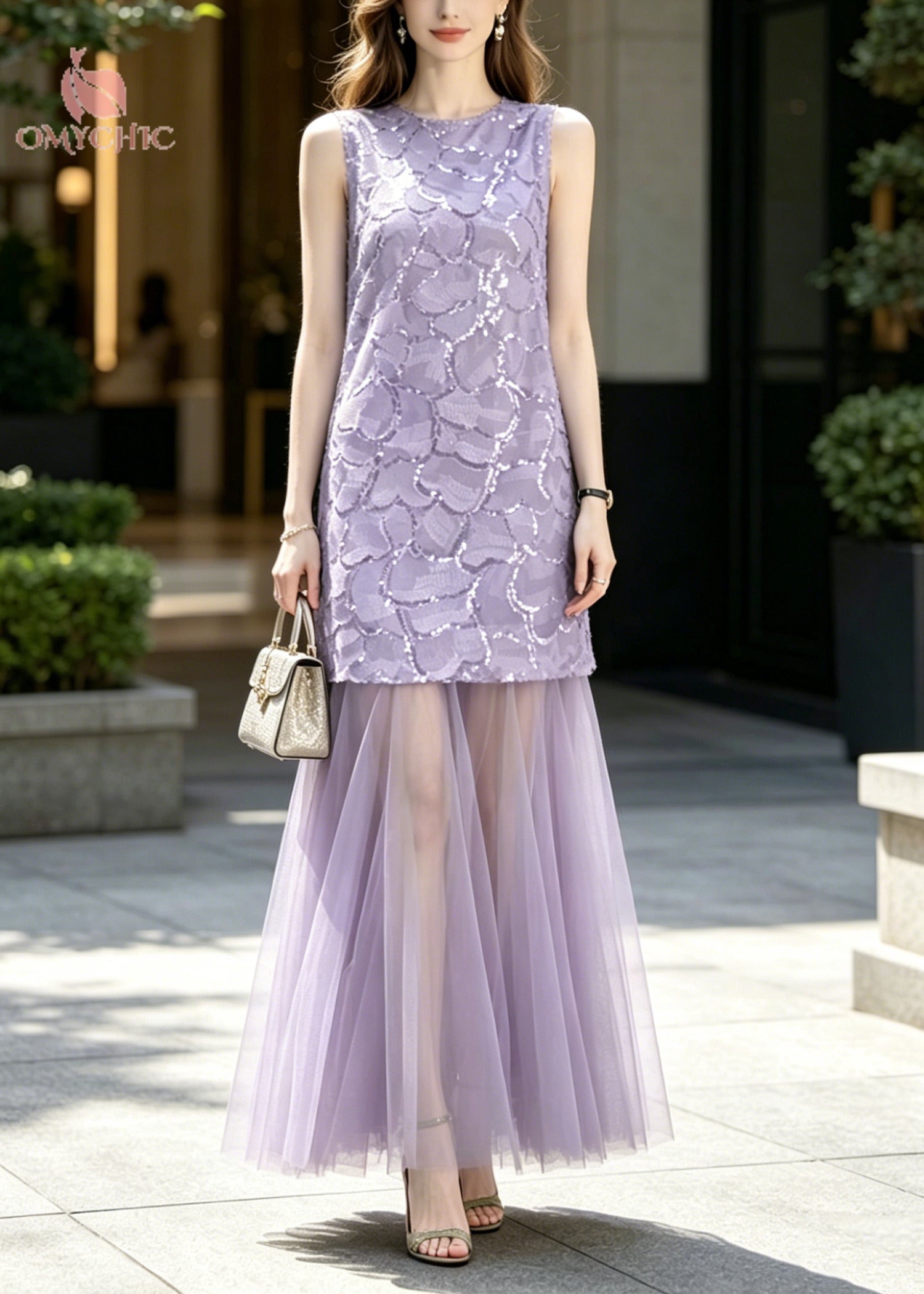 French Purple Sequins Patchwork Tulle Party Dress Sleeveless
