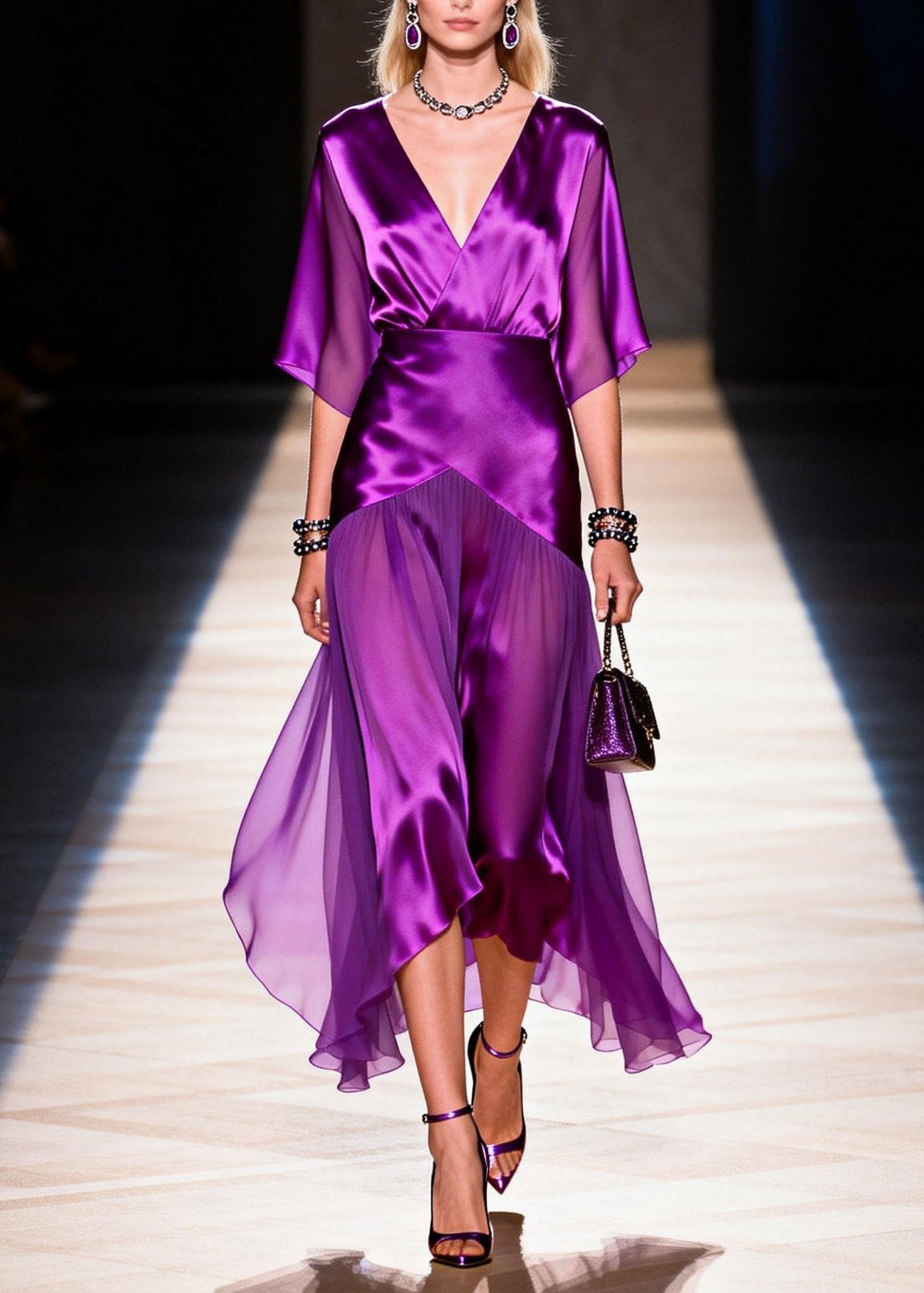 French Purple V Neck Patchwork Silk Dresses Summer