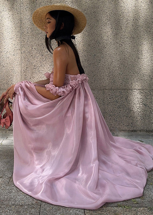 French Rose Ruffled Low High Design Chiffon Strapless Dresses Summer