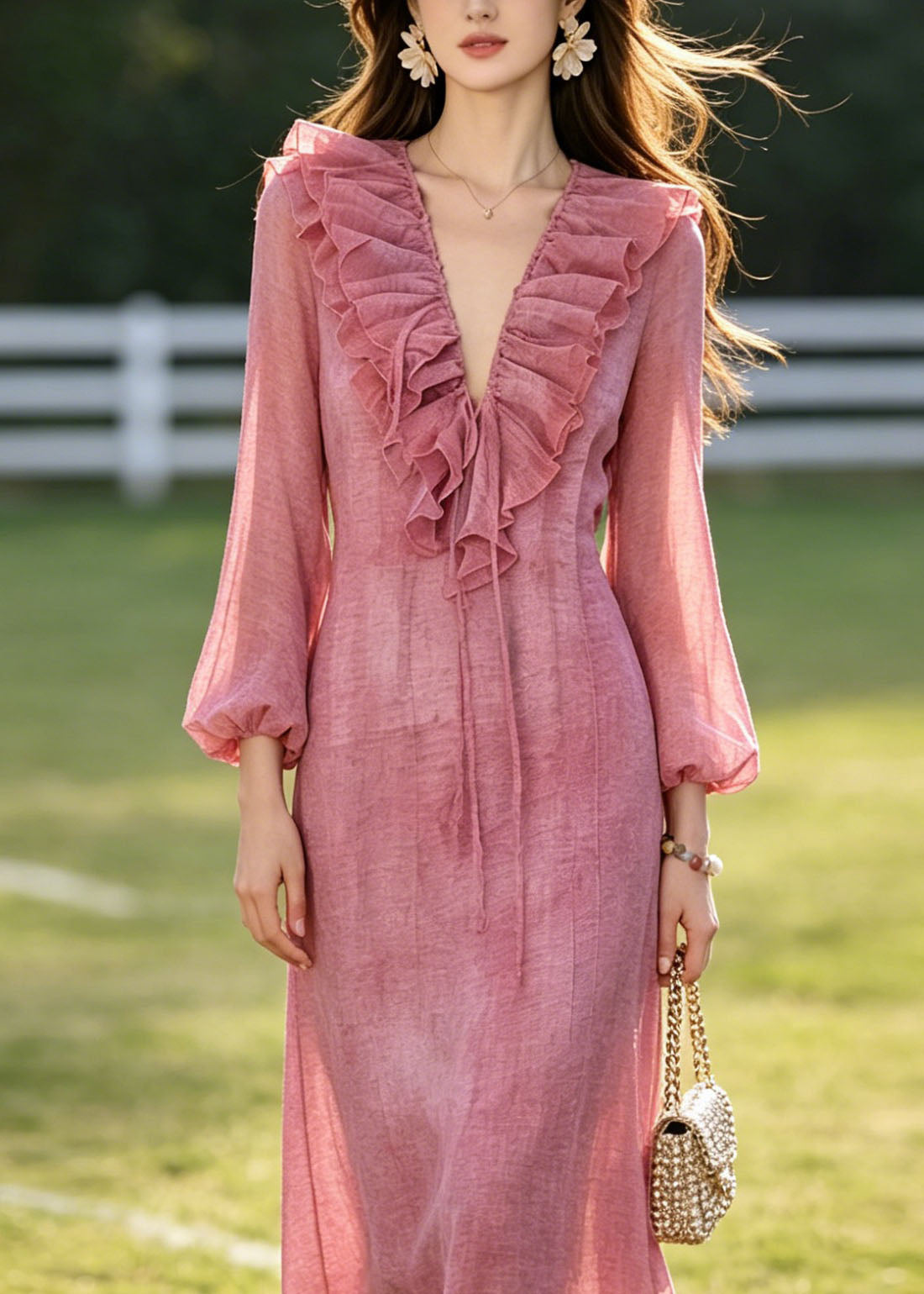 French Rose Ruffled Tie Dye Chiffon Dresses Summer