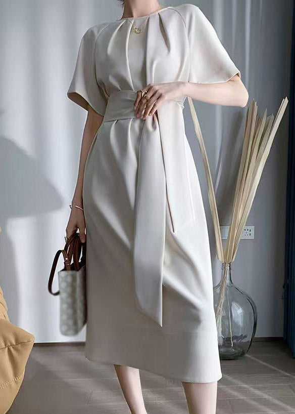 French Tie Waist Solid Long Dress Short Sleeve