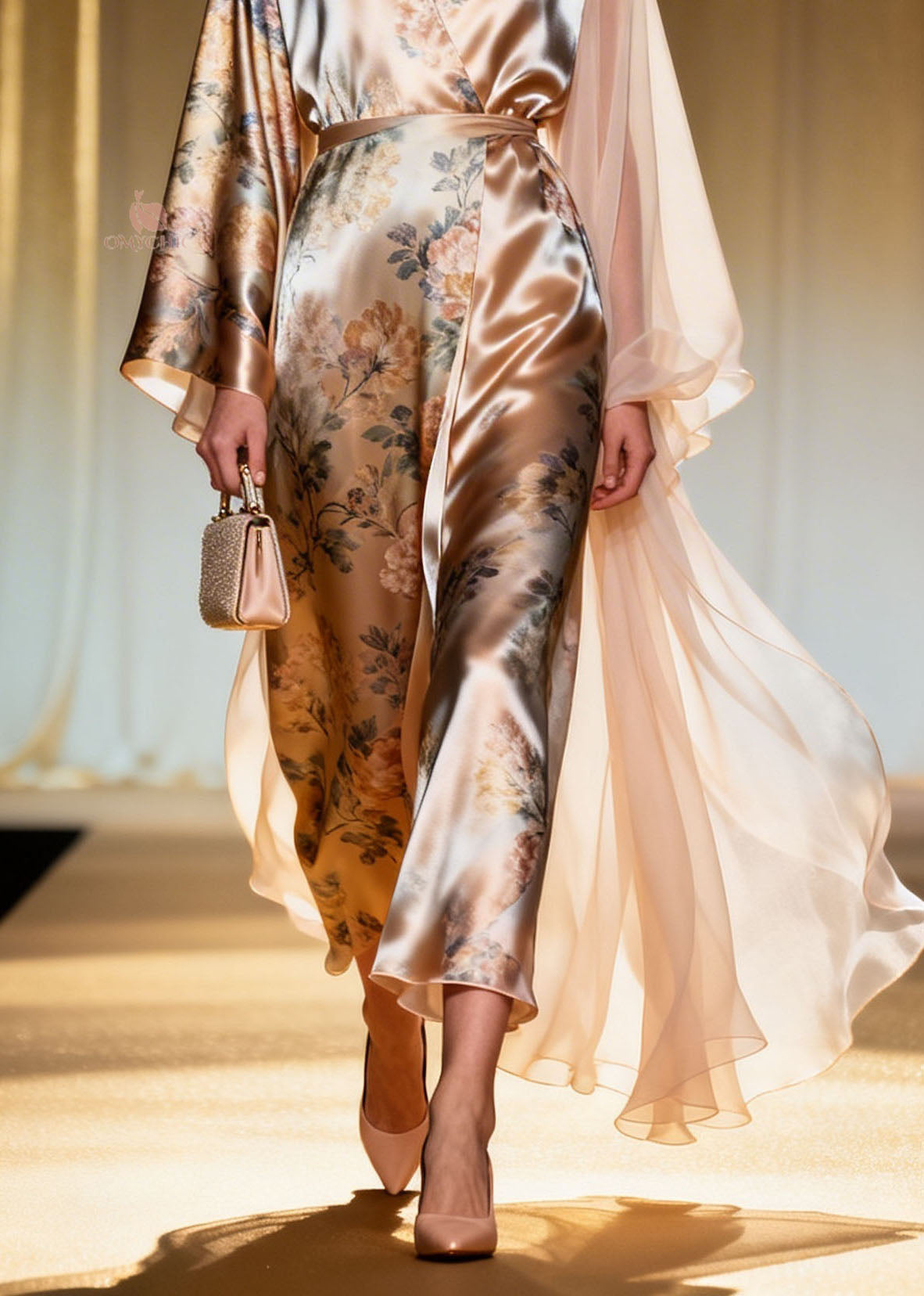French V Neck Asymmetrical Design Patchwork Print Silk Dresses Spring