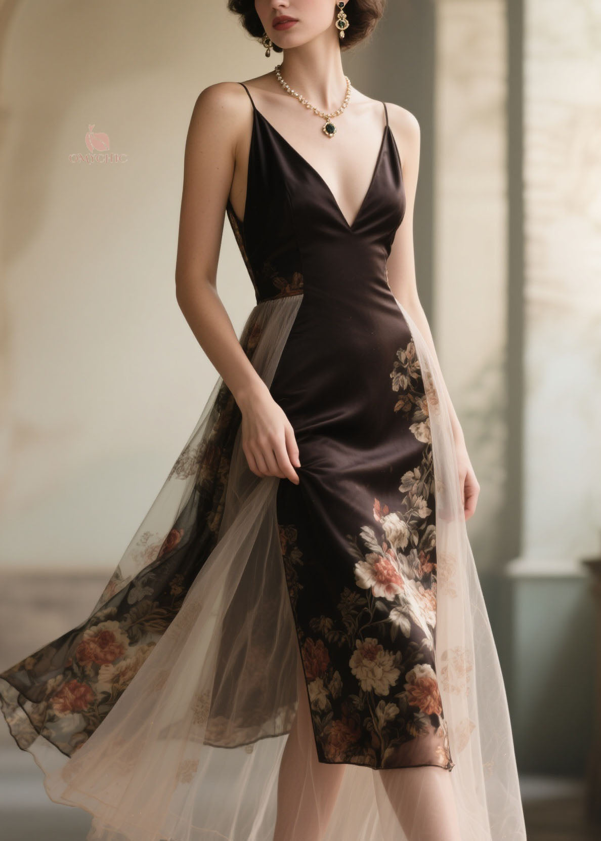 French V Neck Print Patchwork Silk Spaghetti Strap Dress Summer