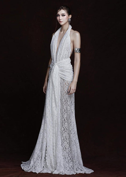French White Halter Side Open Lace Party Dresses Summer