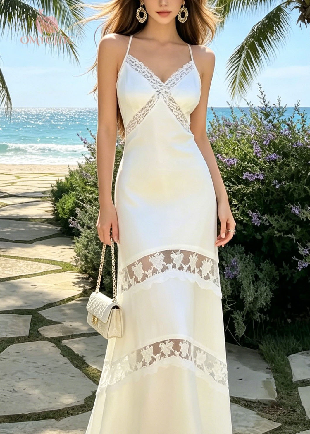 French White V Neck Lace Patchwork Silk Spaghetti Strap Dress Summer