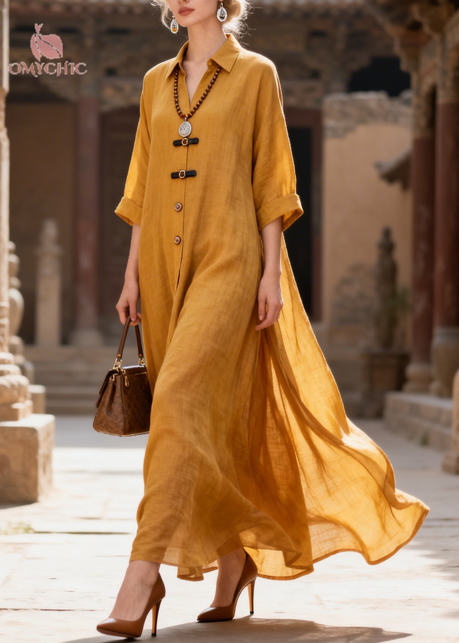 French Yellow Oversized Exra Large Hem Cotton Long Dress Summer