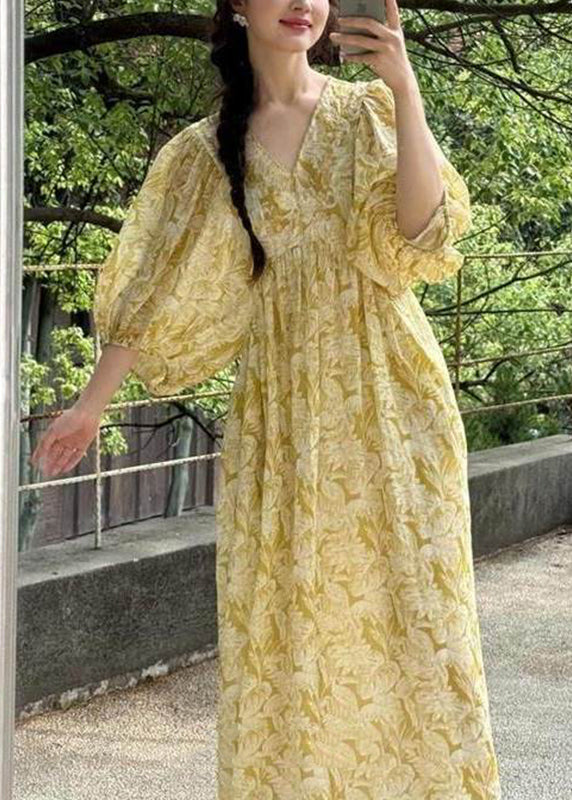 French Yellow V Neck Print Wrinkled Linen Long Dresses Summer