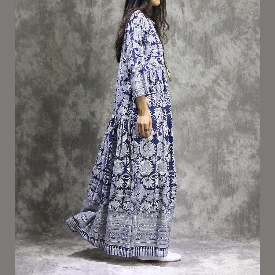 French prints linen cotton clothes For Women plus size Neckline blue Maxi Dress summer