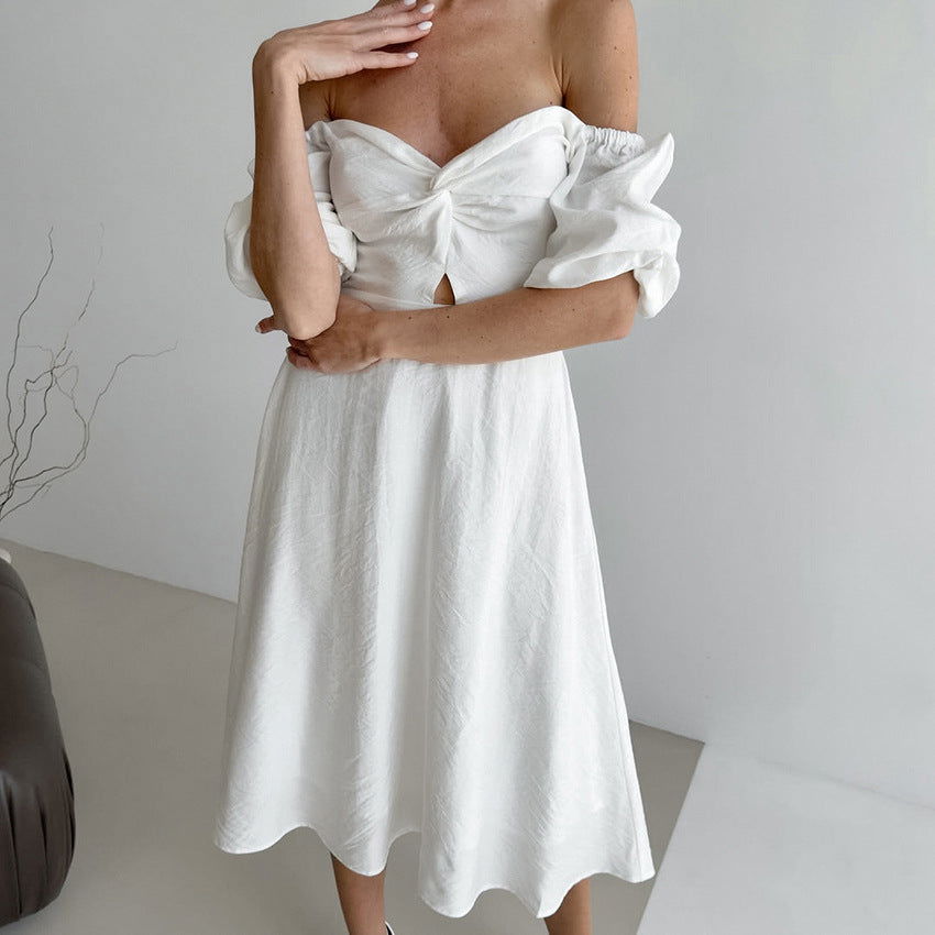 French Bubble Wrinkle Square Collar Slimming Puff Sleeve A line Dress Arrival