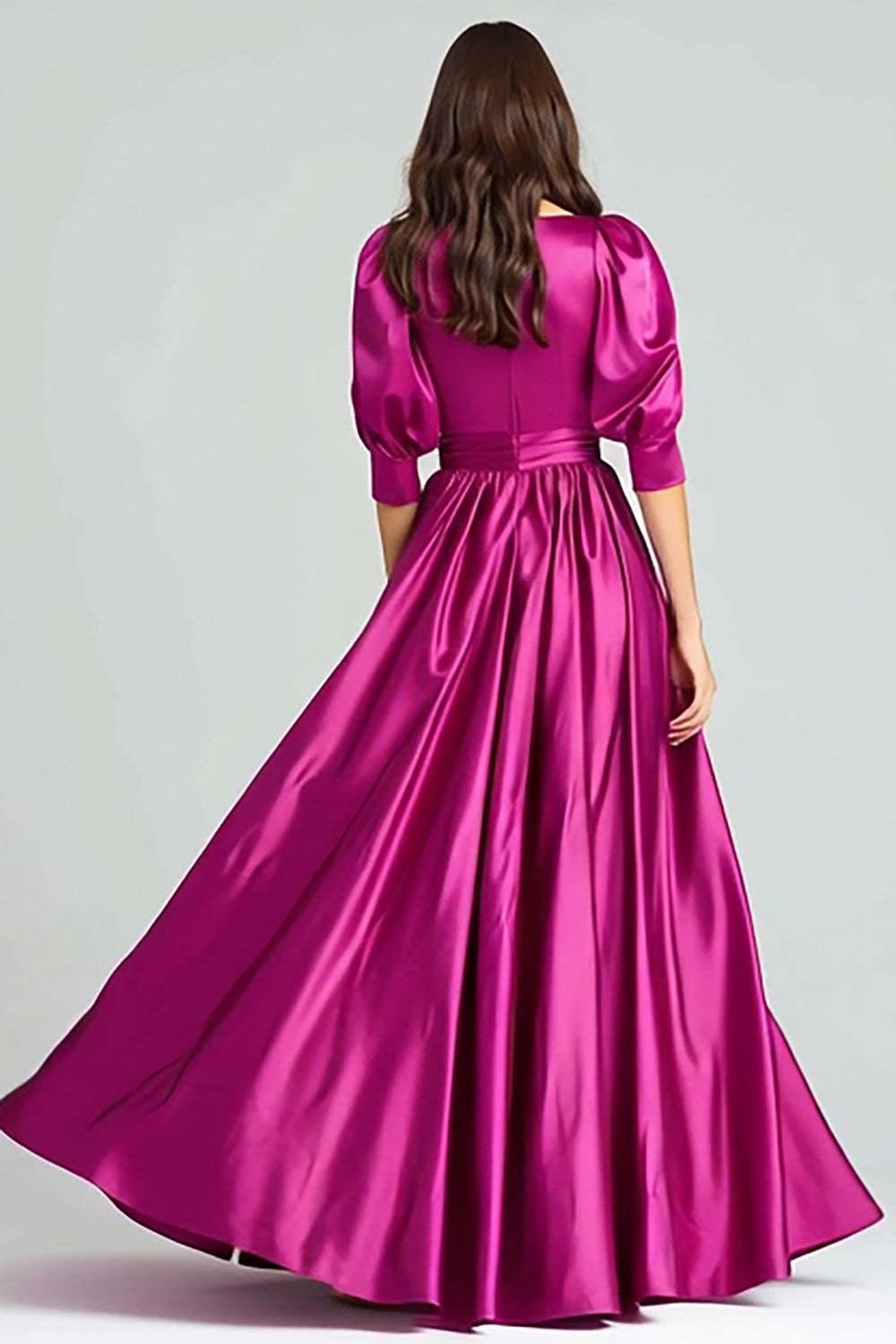 Suzhoufashion Fuchsia A-Line Bateau Neck Satin Long Prom Dress With Sleeves