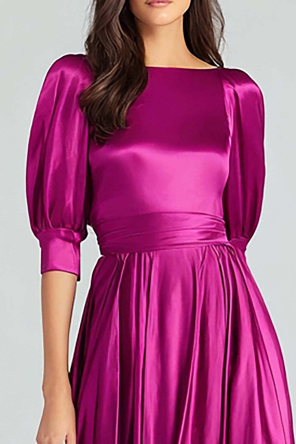 Suzhoufashion Fuchsia A-Line Bateau Neck Satin Long Prom Dress With Sleeves