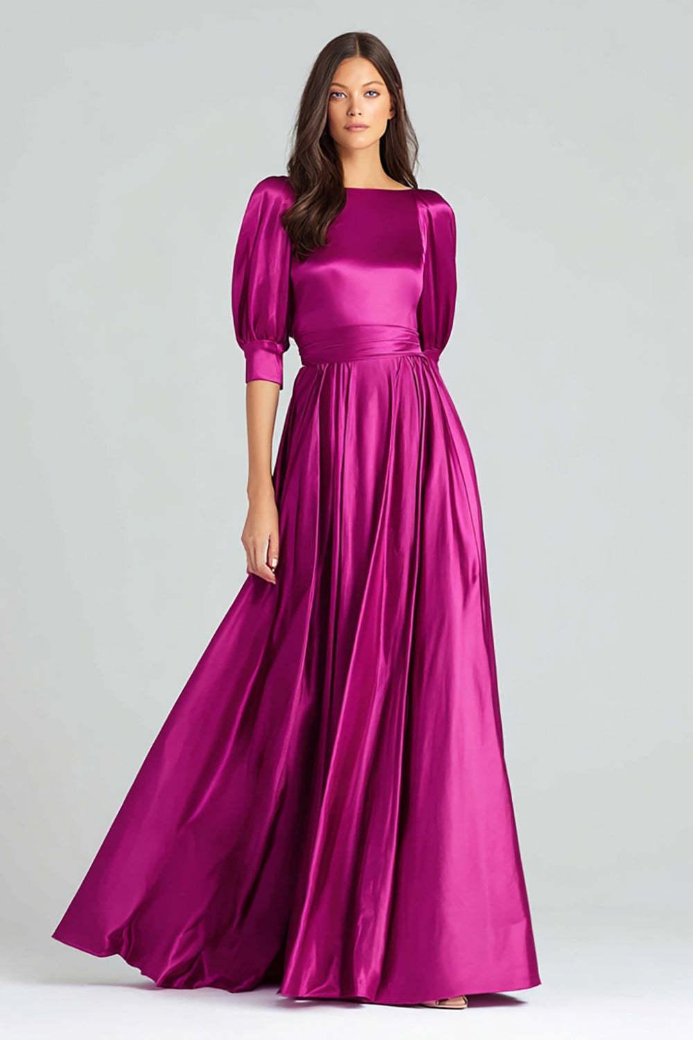 Suzhoufashion Fuchsia A-Line Bateau Neck Satin Long Prom Dress With Sleeves