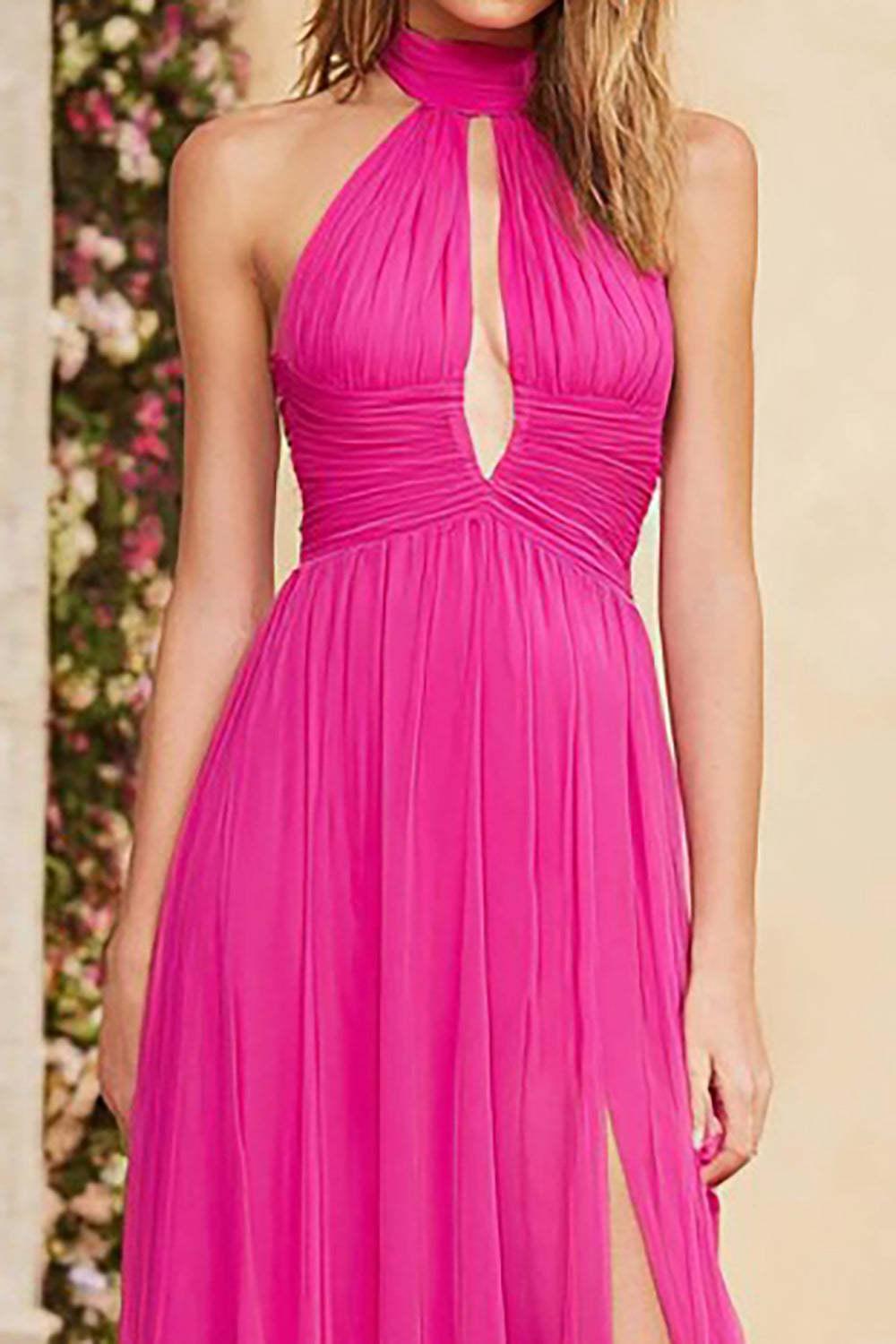 Suzhoufashion Fuchsia A Line Halter Ruched Keyhole Long Chiffon Prom Dress With Slit