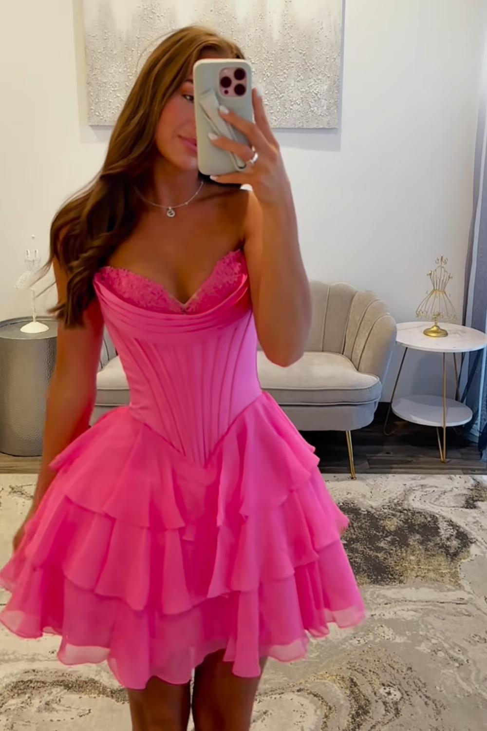Fuchsia A Line Homecoming Dresses Corset Short Cocktail Dresses With Ruffles