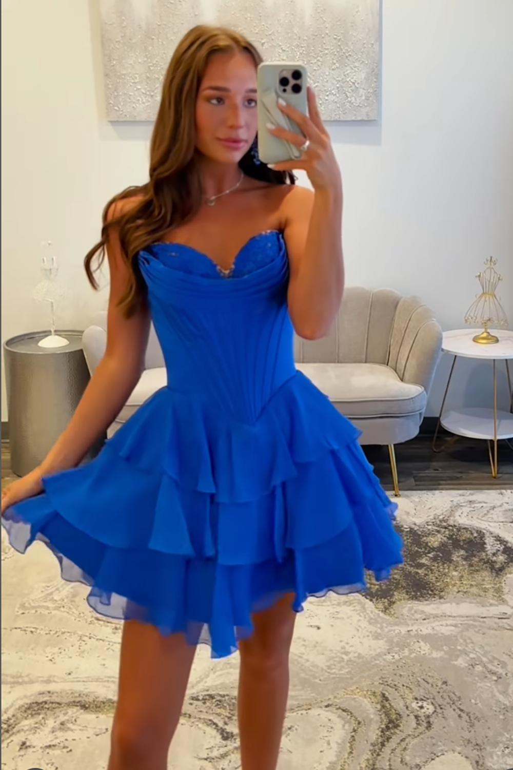 Fuchsia A Line Homecoming Dresses Corset Short Cocktail Dresses With Ruffles