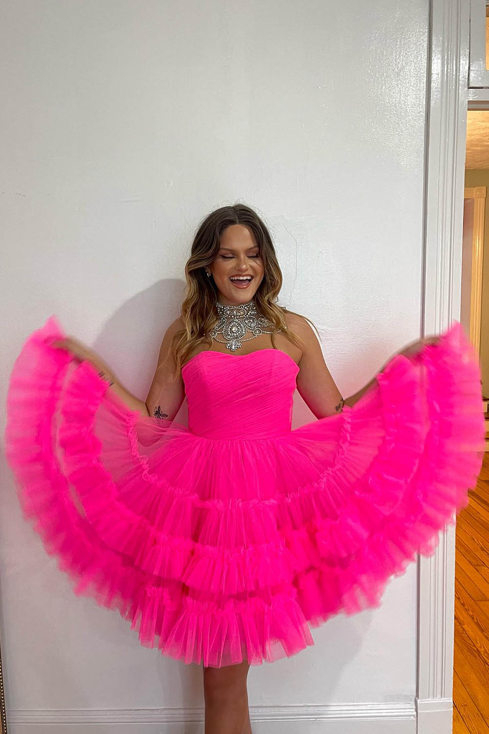 Fuchsia Homecoming Dresses A-Line Sweetheart Tulle Tiered Corset Short Cocktail Dresses
