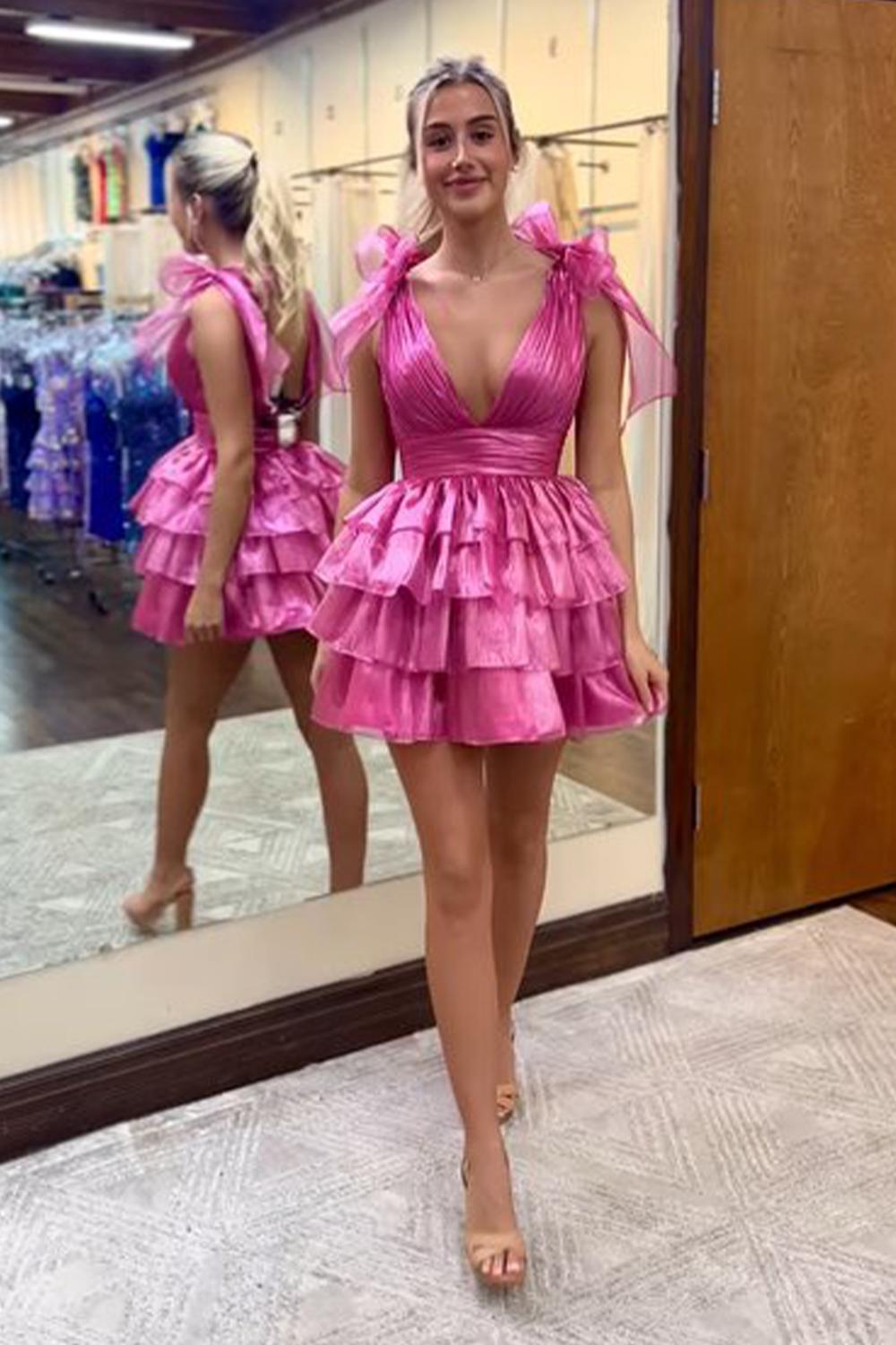Fuchsia Homecoming Dresses A Line V Neck Ruffled Short Cocktail Dresses