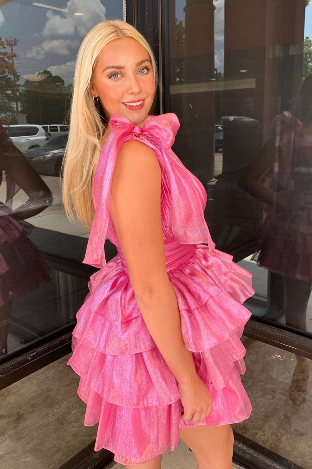Fuchsia Homecoming Dresses A Line V Neck Ruffled Short Cocktail Dresses
