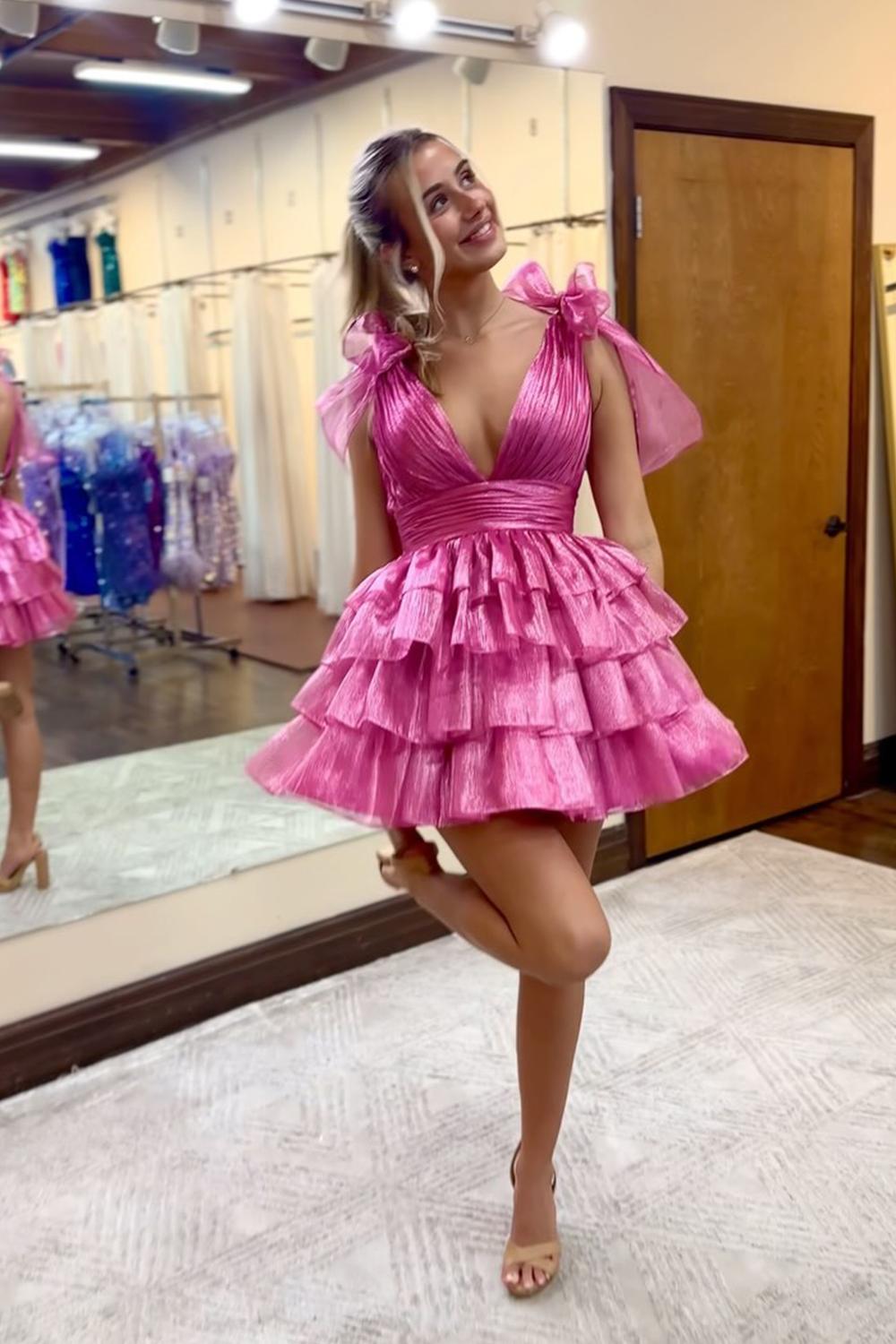 Fuchsia Homecoming Dresses A Line V Neck Ruffled Short Cocktail Dresses