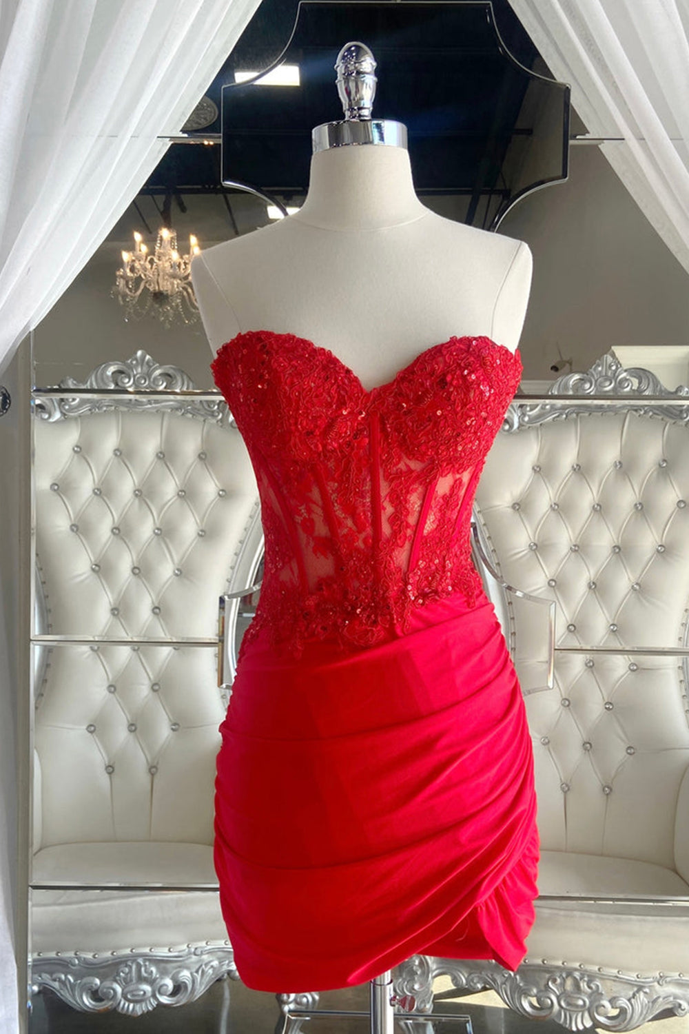 Strapless Corset Red Homecoming Dresses Tight Short Cocktail Dresses with Lace