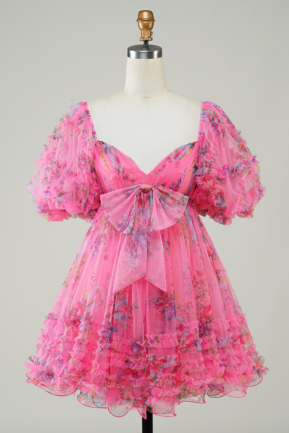 Fuchsia Homecoming Dresses Puff Sleeves A-Line Floral Short Cocktail Dresses with Ruffles