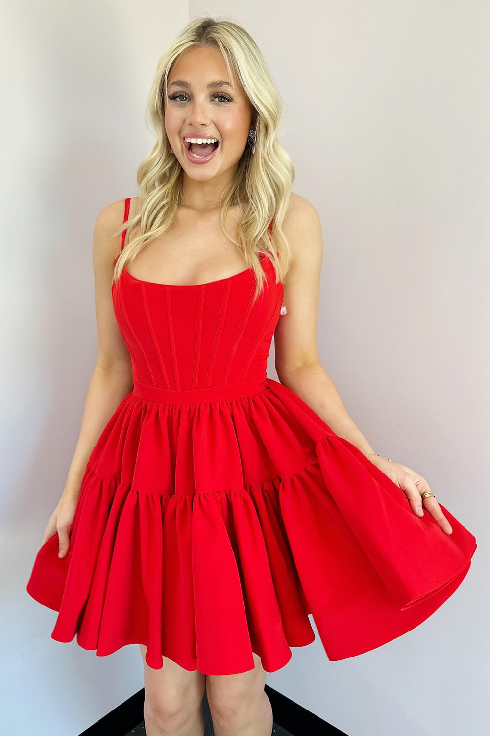 Fuchsia Homecoming Dresses Spaghetti Straps Lace-Up Back A-Line Short Satin Prom Dress