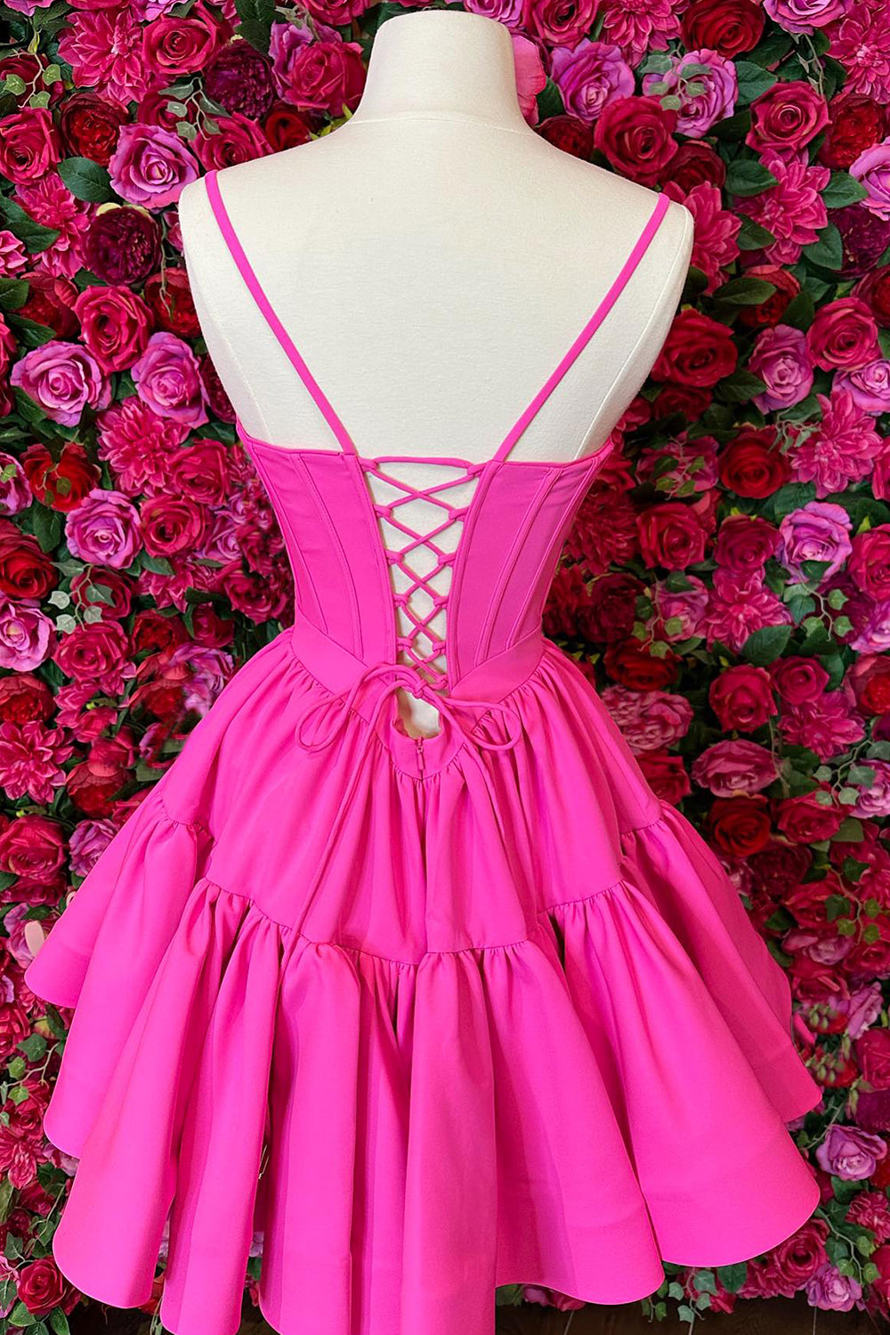Fuchsia Homecoming Dresses Spaghetti Straps Lace-Up Back A-Line Short Satin Prom Dress