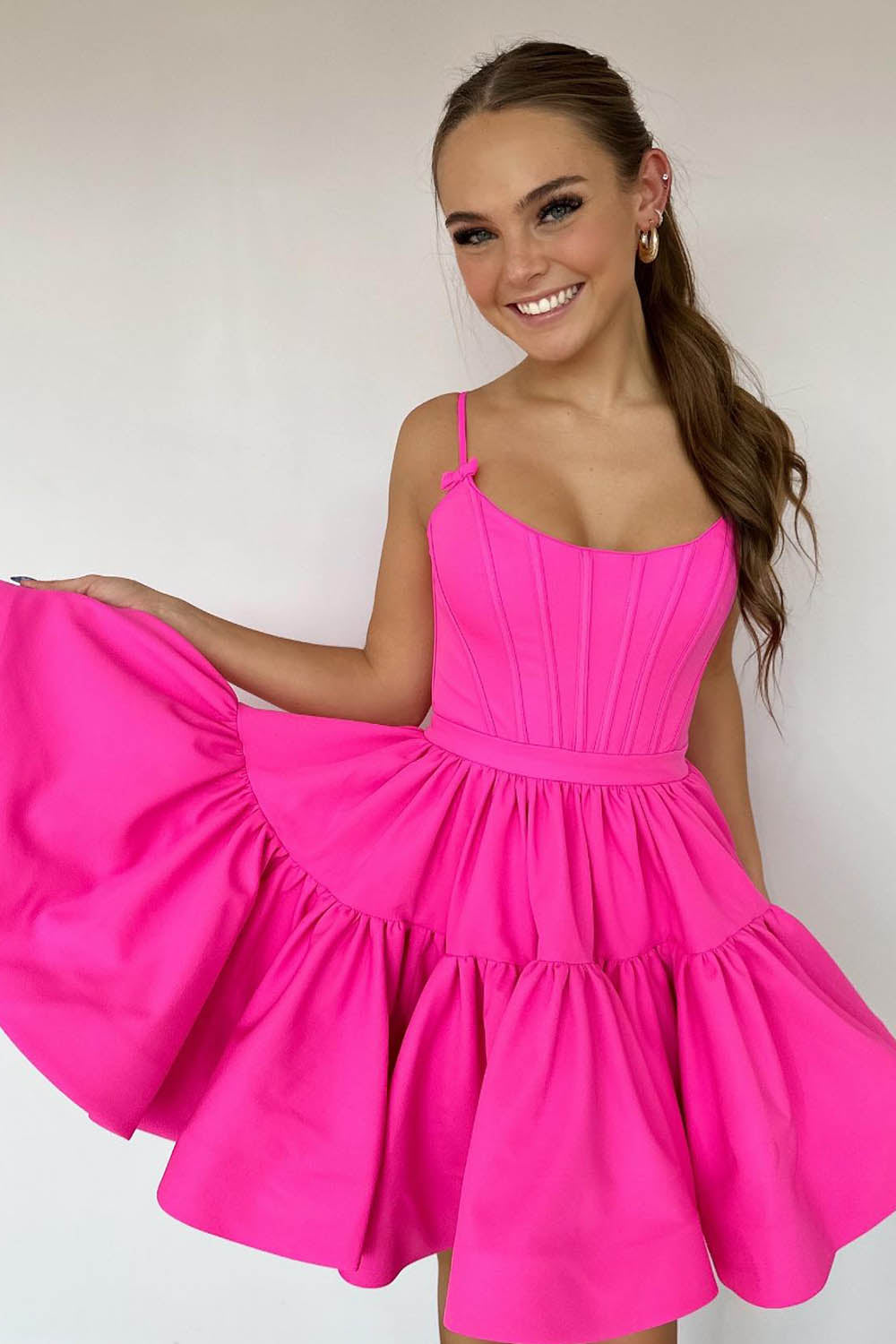 Fuchsia Homecoming Dresses Spaghetti Straps Lace-Up Back A-Line Short Satin Prom Dress
