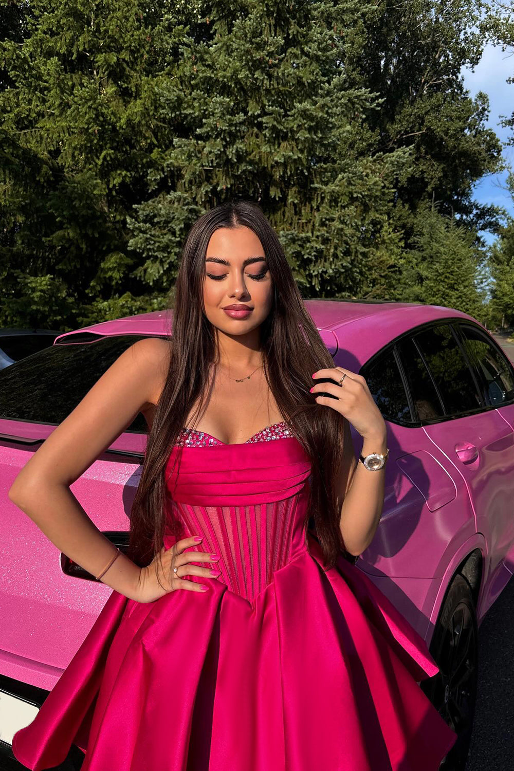 Fuchsia Homecoming Dresses Strapless Corset Beaded Tight Short Cocktail Dresses
