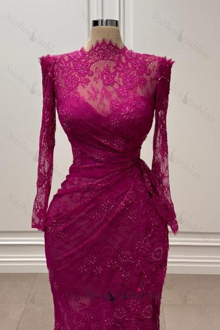 Fuchsia Mermaid Prom Dress High Neck Sleeves Lace Floor Length Simple Formal Dress