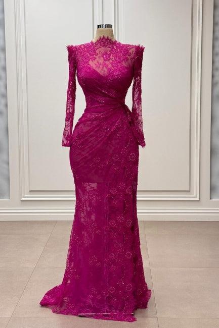 Fuchsia Mermaid Prom Dress High Neck Sleeves Lace Floor Length Simple Formal Dress