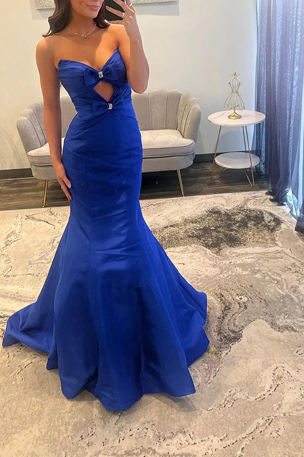 Suzhoufashion Fuchsia Mermaid Prom Dress Satin Strapless Keyhole Long Formal Dress With Bows