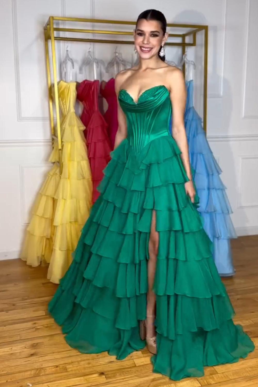 Fuchsia Prom Dress A Line Chiffon Sweetheart Ruffled Long Formal Dress With Slit