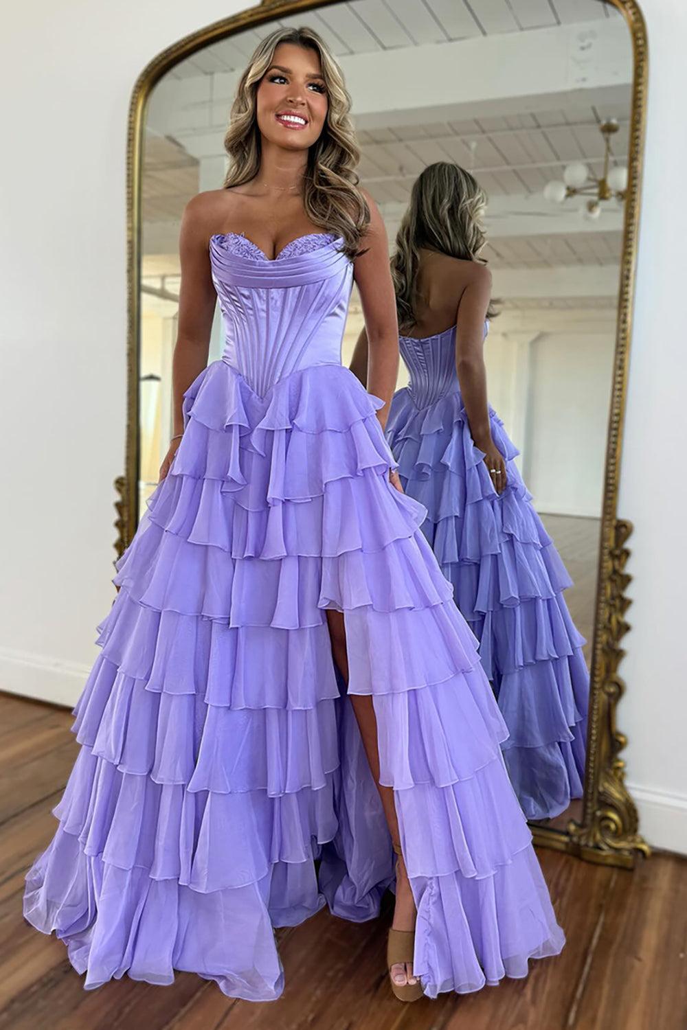 Fuchsia Prom Dress A Line Chiffon Sweetheart Ruffled Long Formal Dress With Slit