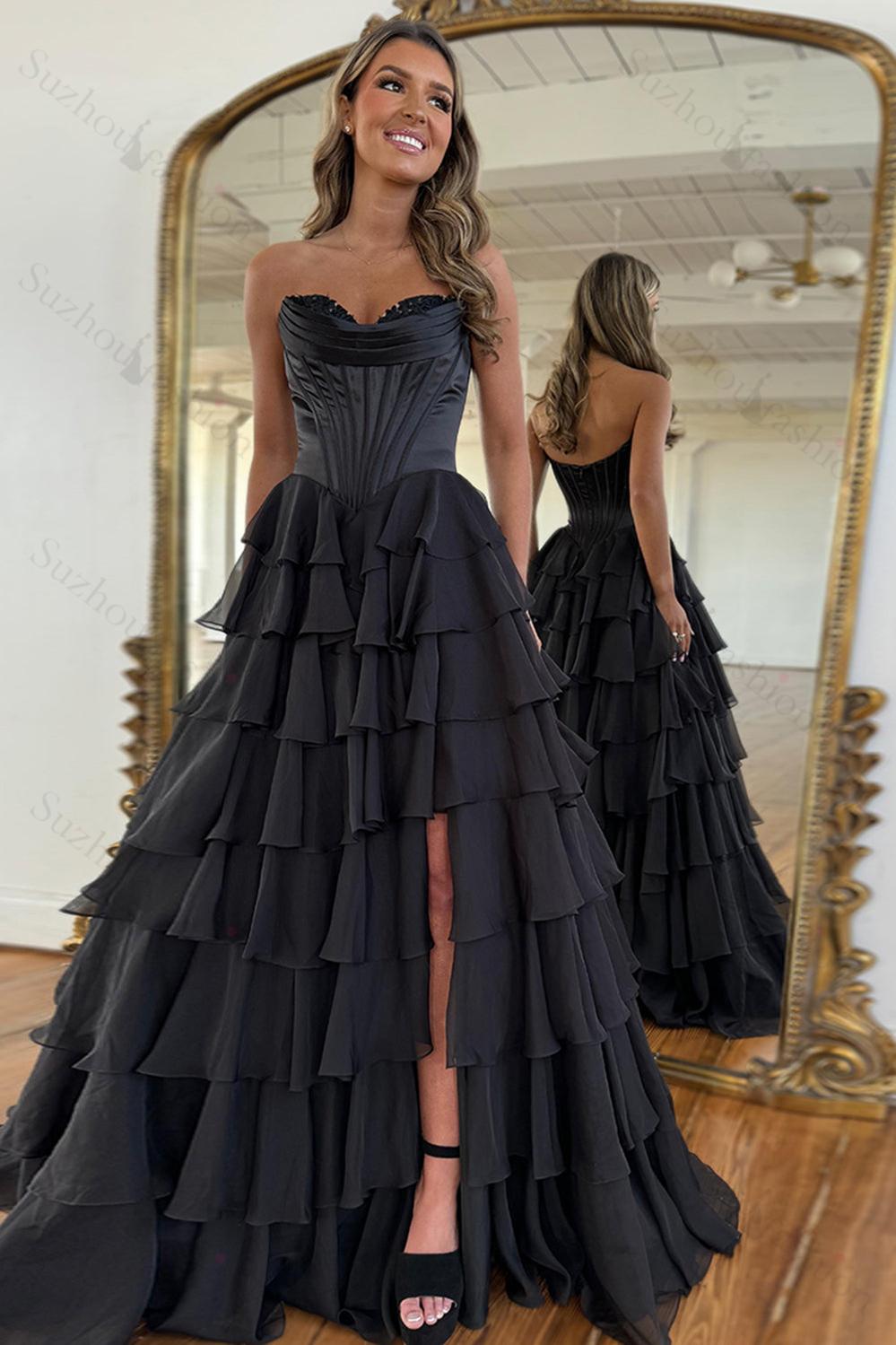 Fuchsia Prom Dress A Line Chiffon Sweetheart Ruffled Long Formal Dress With Slit