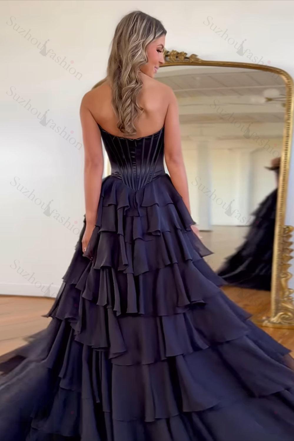 Fuchsia Prom Dress A Line Chiffon Sweetheart Ruffled Long Formal Dress With Slit