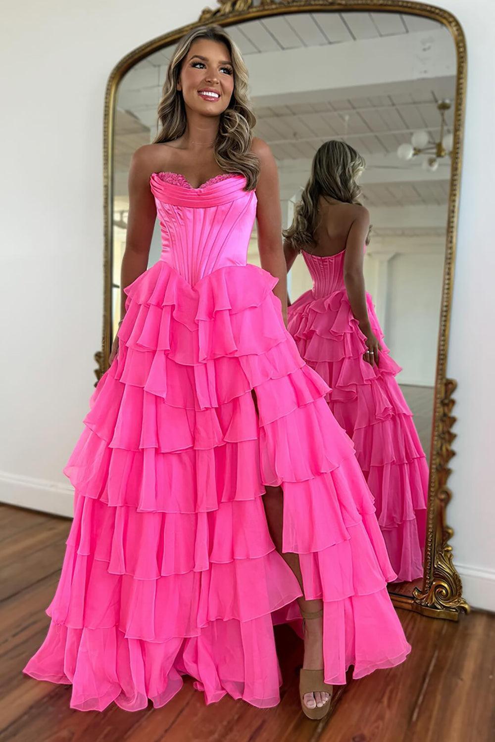 Fuchsia Prom Dress A Line Chiffon Sweetheart Ruffled Long Formal Dress With Slit