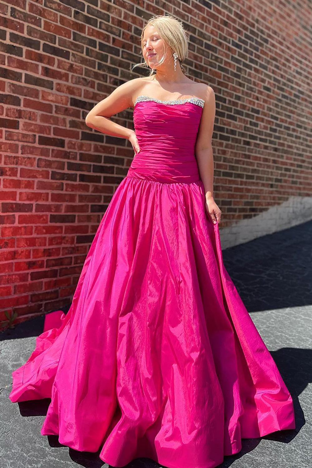 Fuchsia Prom Dress A Line Ruched Beaded Satin Formal Dress