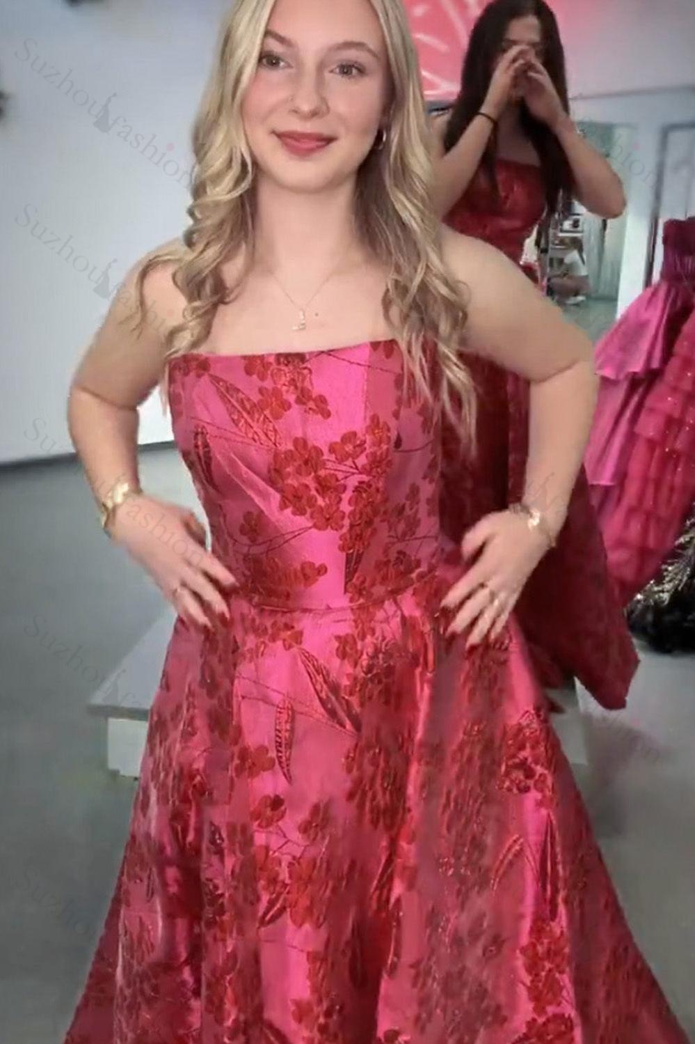 Fuchsia Prom Dress Floral Embroidered A-Line Long Formal Dress
