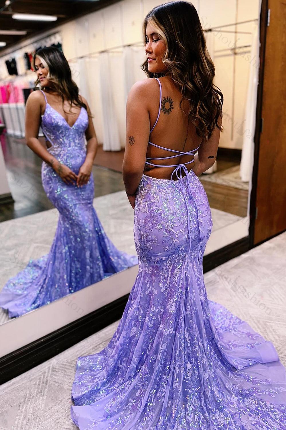 Fuchsia Prom Dress Mermaid Sequins Long Backless Formal Dress