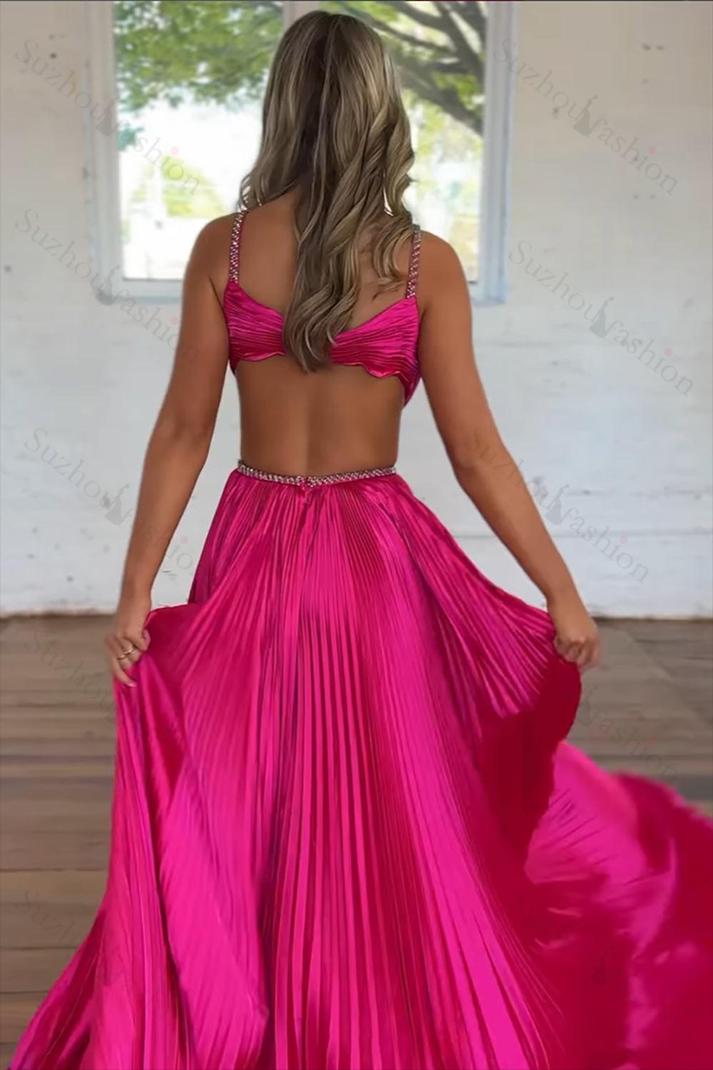 Fuchsia Prom Dress Metallic Pleated Formal Dress With Slit