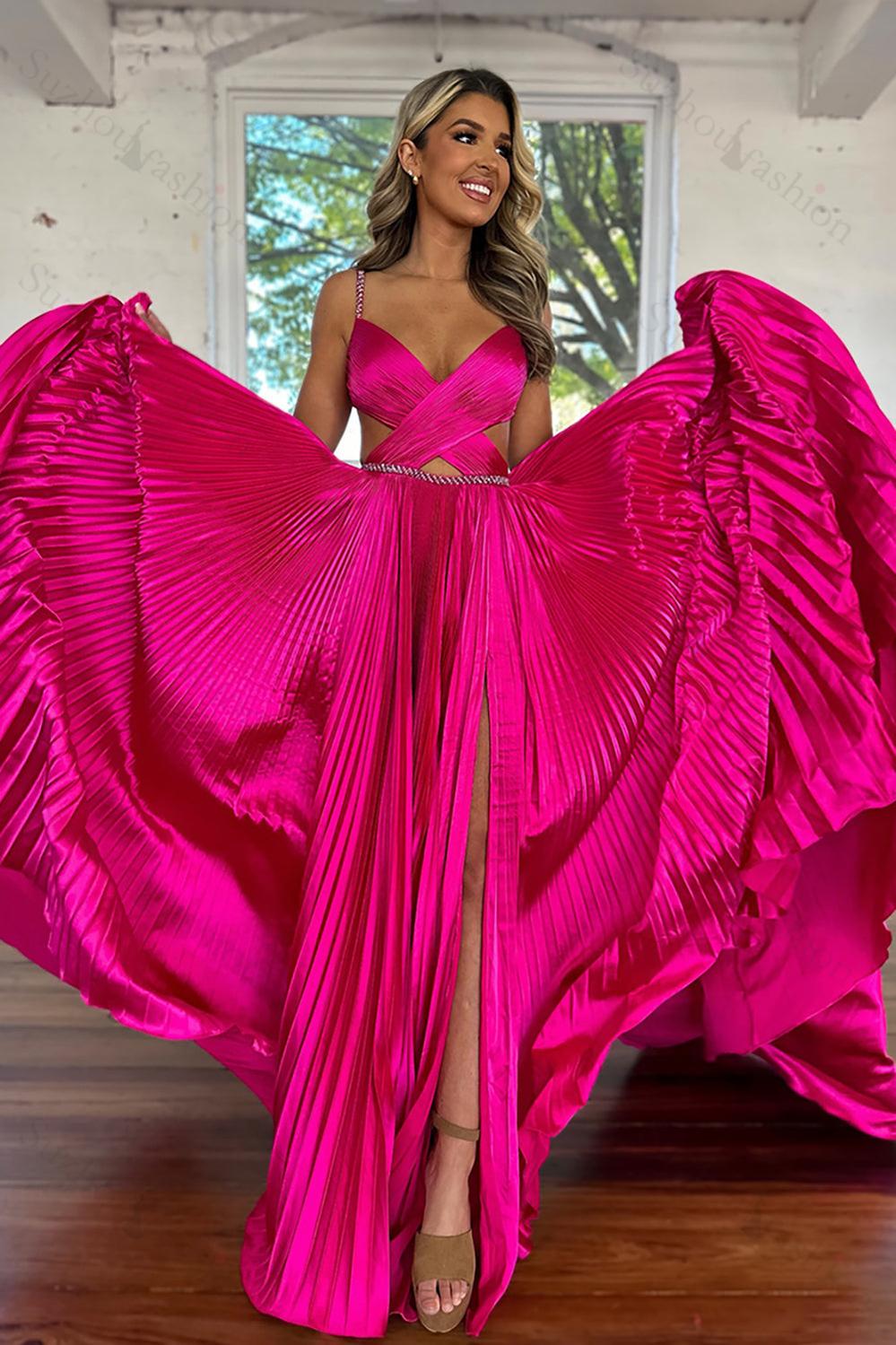 Fuchsia Prom Dress Metallic Pleated Formal Dress With Slit