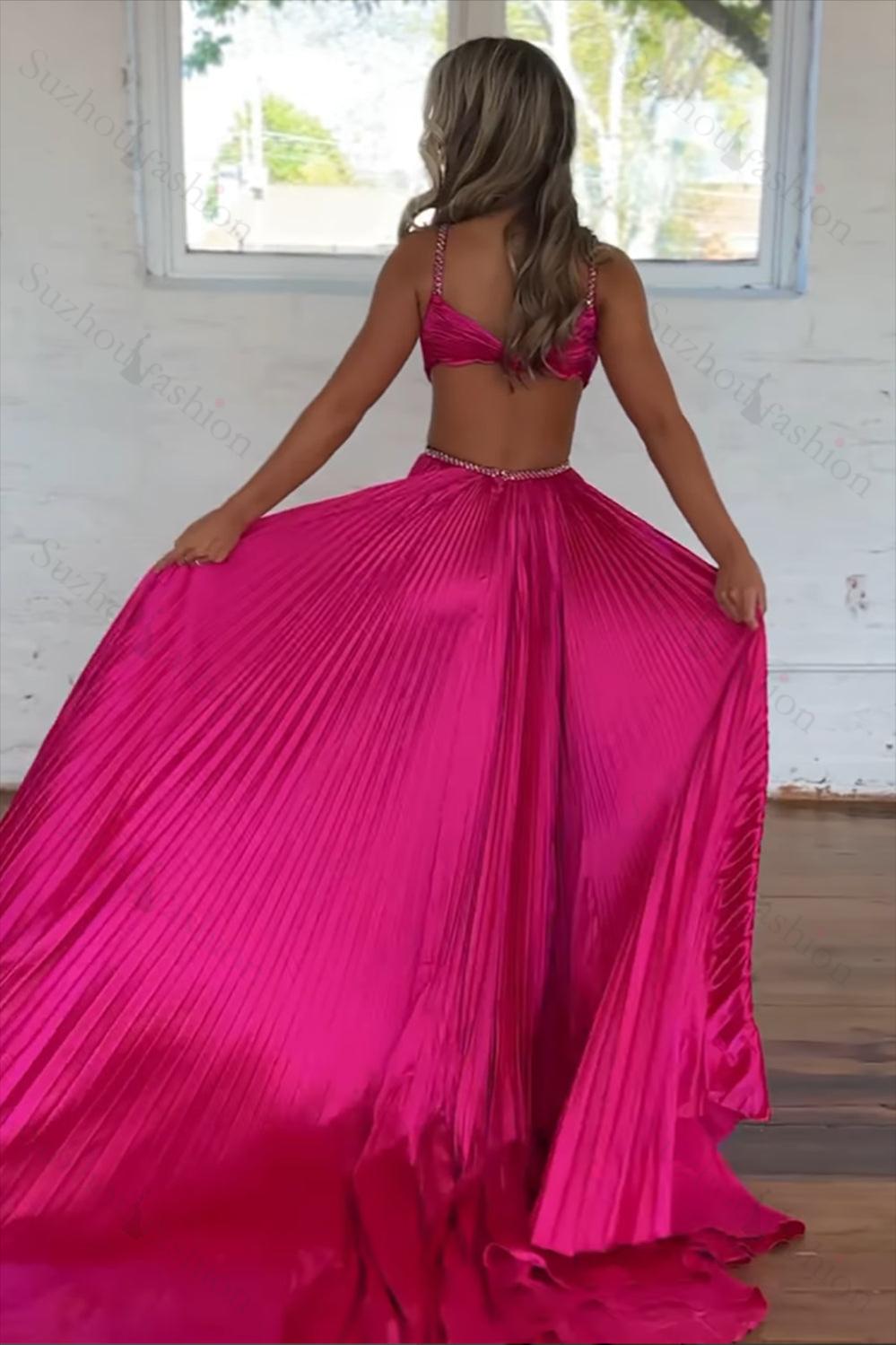Fuchsia Prom Dress Metallic Pleated Formal Dress With Slit