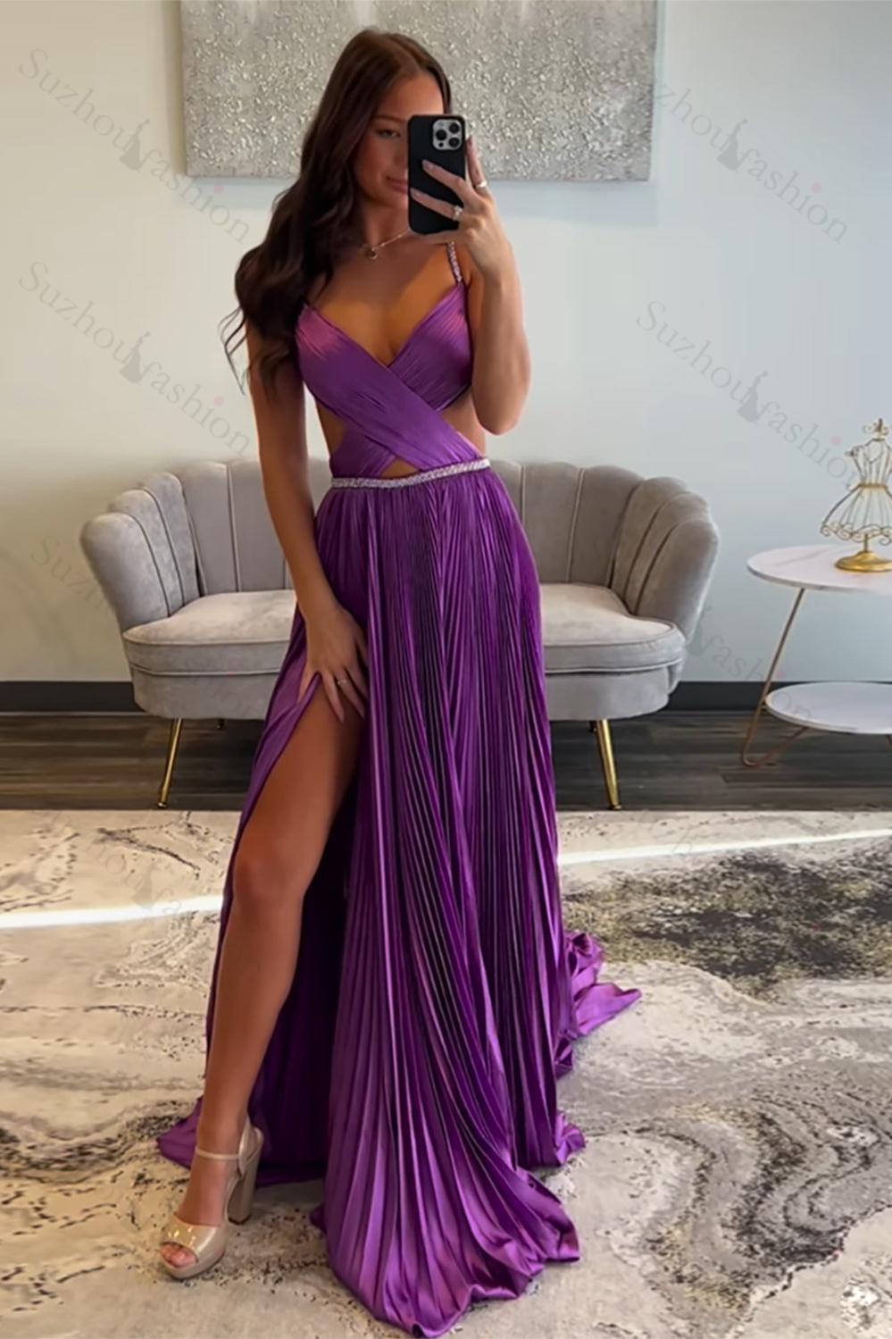 Fuchsia Prom Dress Metallic Pleated Formal Dress With Slit